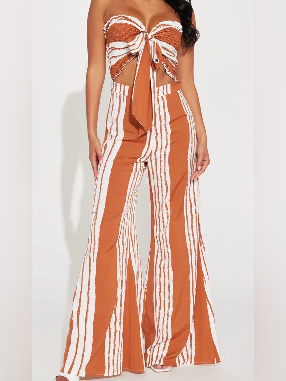 Fashion Nova Brown & White Striped Strapless Wide-Leg Jumpsuit